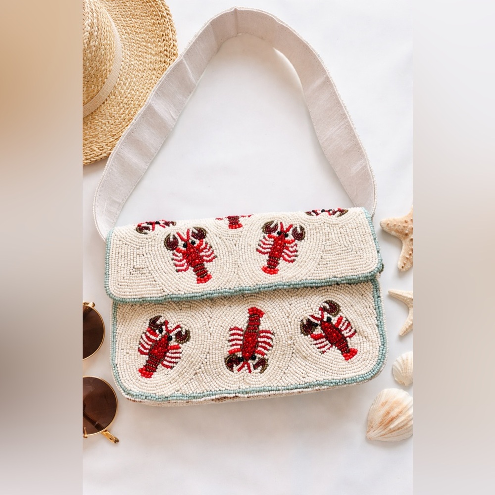 Beaded Lobster Print Shoulder Bag